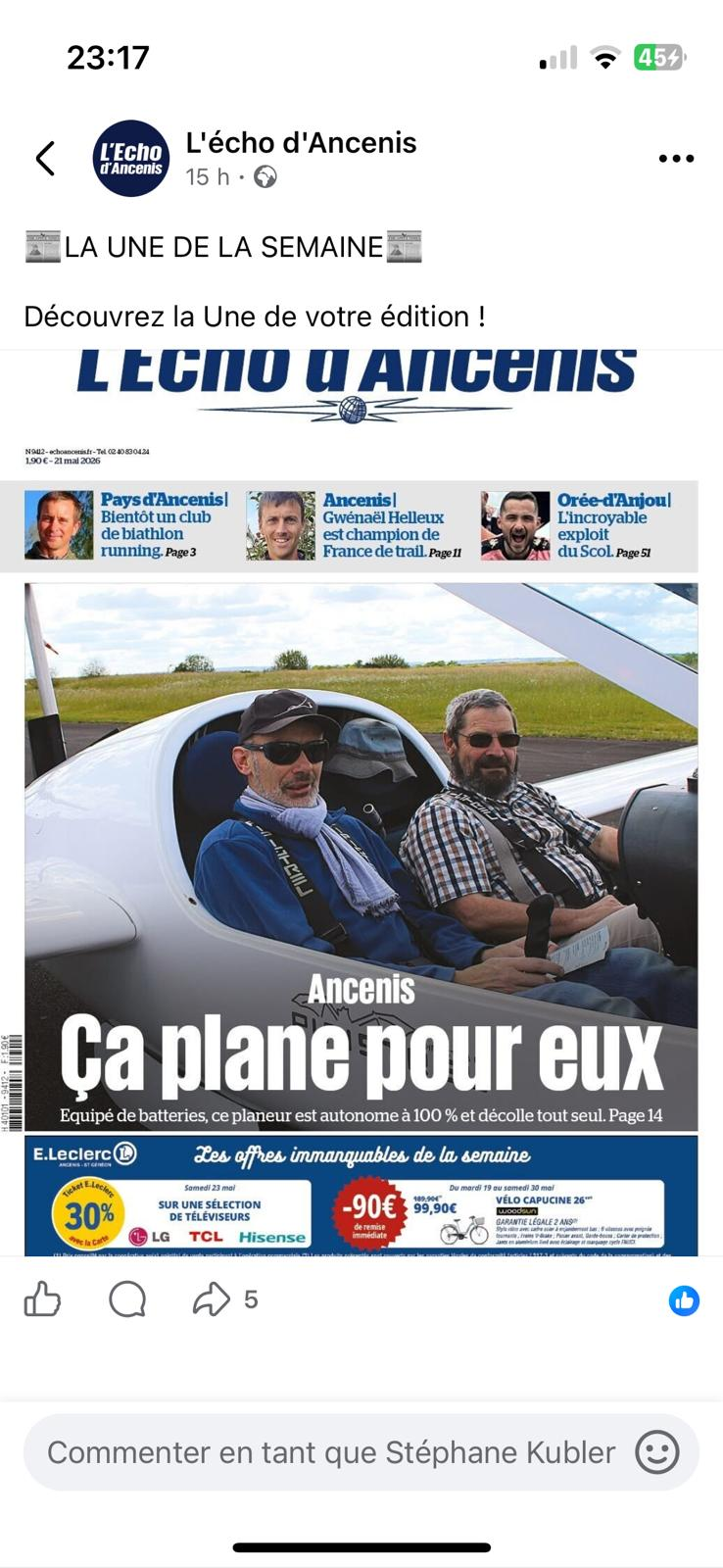 Une de L'Écho d'Ancenis — Ça plane pour eux, planeur électrique Taurus Electro à Ancenis